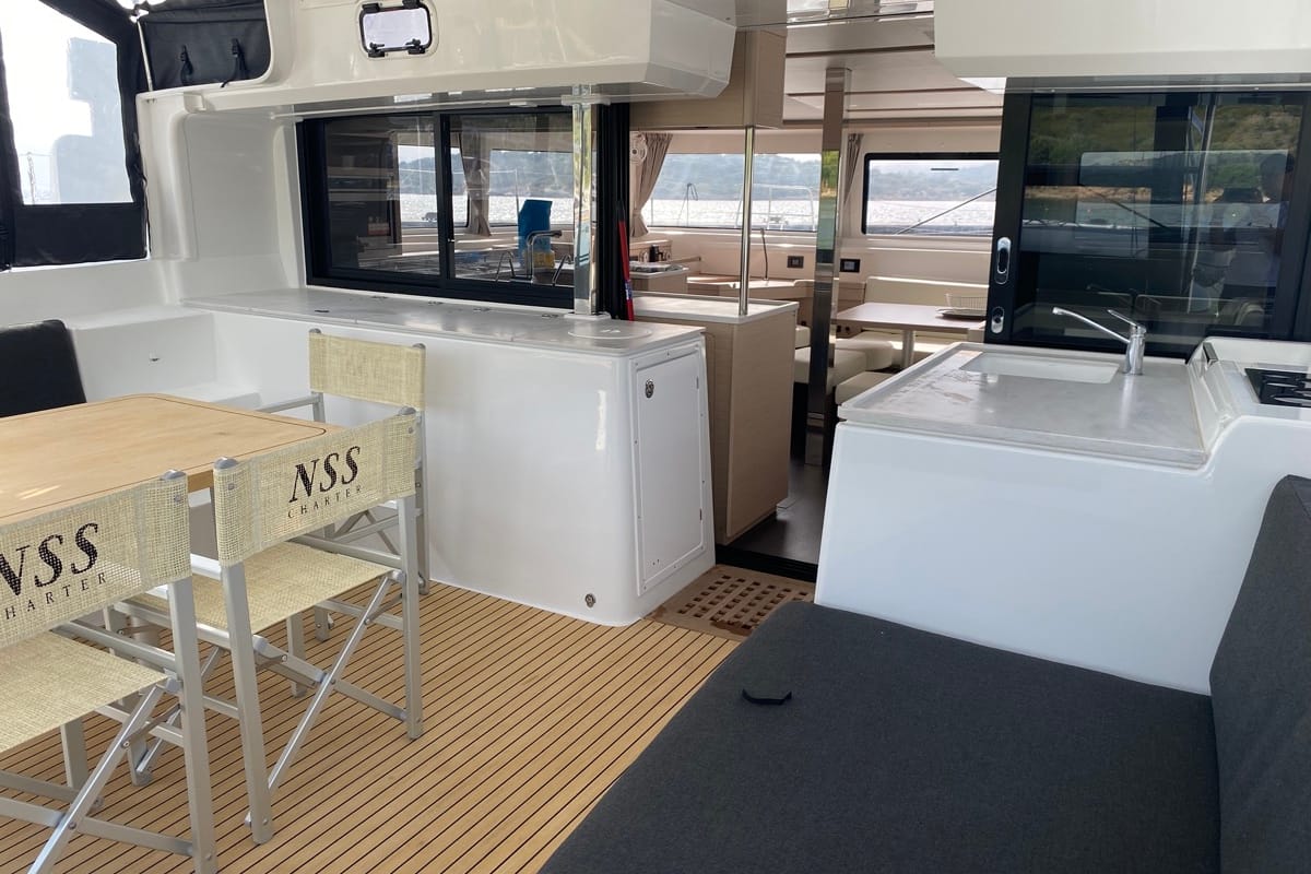 Deck of Archè II, a Lagoon 46 catamaran at Tonnarella, Italy