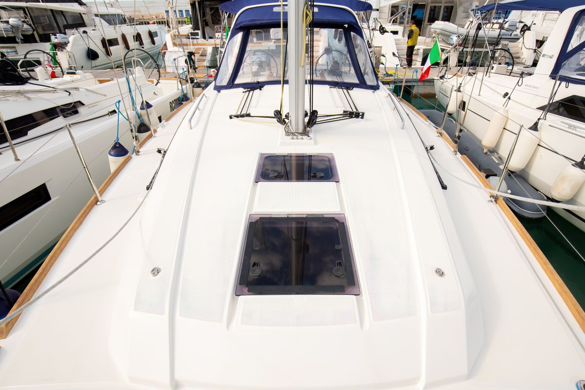 Deck of Eos, a Beneteau Oceanis 38.1 sailboat at Trapani, Italy