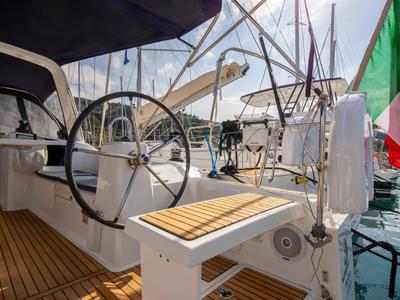 Cockpit of Eos, a Beneteau Oceanis 38.1 sailboat at Trapani, Italy