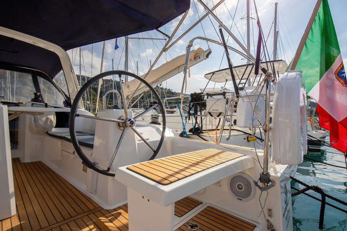 Cockpit of Eos, a Beneteau Oceanis 38.1 sailboat at Trapani, Italy
