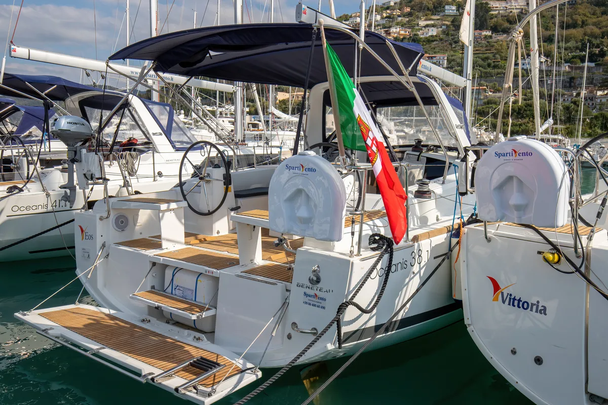 Deck of Eos, a Beneteau Oceanis 38.1 sailboat at Trapani, Italy