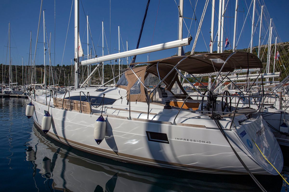 Cockpit of Tightrope, a Elan Impression 45 sailboat at Grad Pula, Croatia