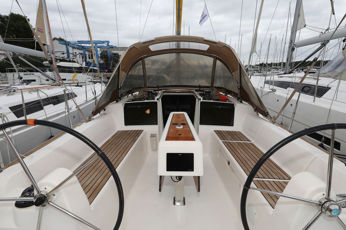 Cockpit of Feniks, a Dufour 350 GL sailboat at Grad Vodice, Croatia