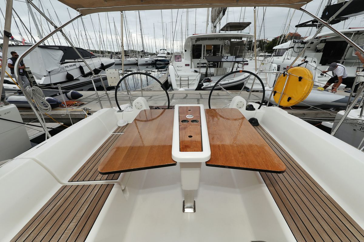 Cockpit of Feniks, a Dufour 350 GL sailboat at Grad Vodice, Croatia