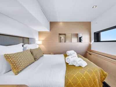 Cabin on NEOW, a Fountaine Pajot Alegria 67 catamaran at Cannes, France