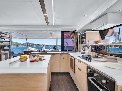 Galley of NEOW, a Fountaine Pajot Alegria 67 catamaran at Cannes, France