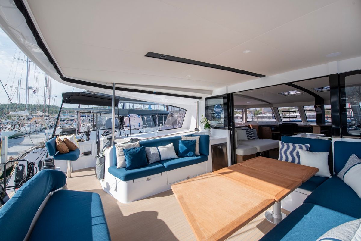 Deck of Luna, a Nautitech 48 Open catamaran at Lavreotiki Municipal Unit, Greece