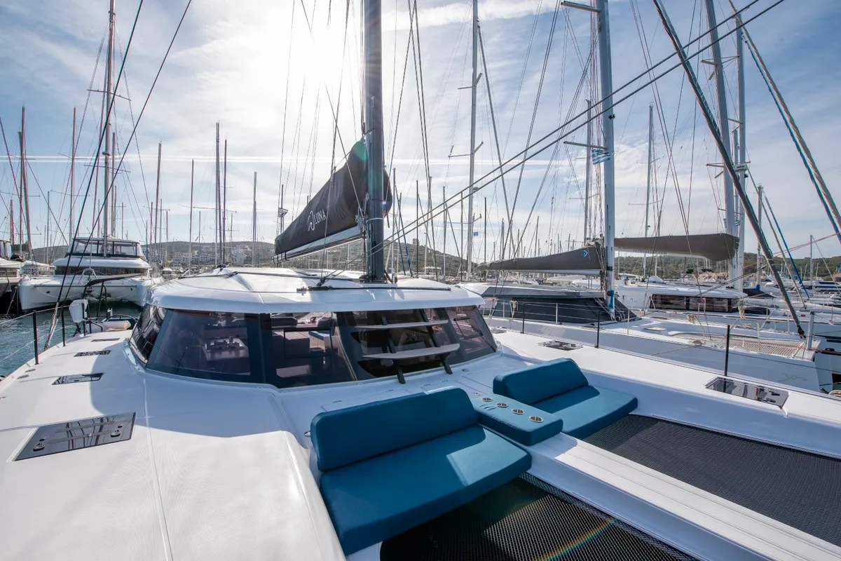 Deck of Luna, a Nautitech 48 Open catamaran at Lavreotiki Municipal Unit, Greece