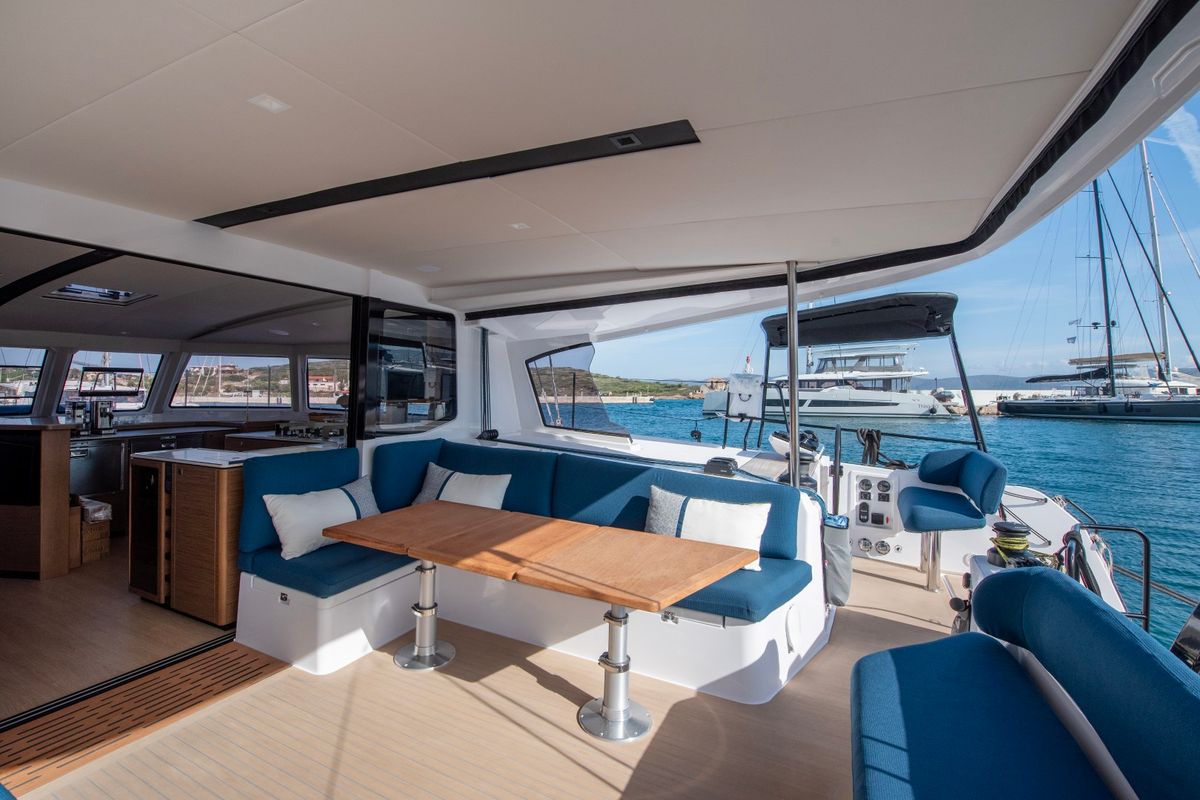 Deck of Luna, a Nautitech 48 Open catamaran at Lavreotiki Municipal Unit, Greece