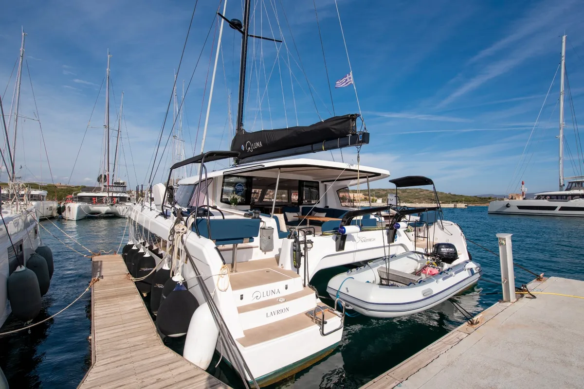 Exterior view of Luna, a Nautitech 48 Open catamaran at Lavreotiki Municipal Unit, Greece