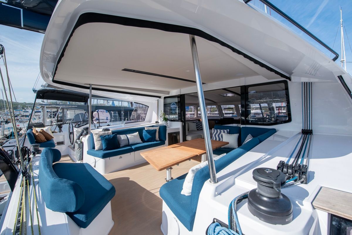 Cockpit of Luna, a Nautitech 48 Open catamaran at Lavreotiki Municipal Unit, Greece