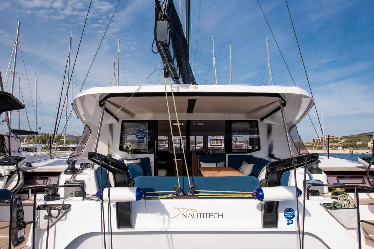 Exterior view of Luna, a Nautitech 48 Open catamaran at Lavreotiki Municipal Unit, Greece