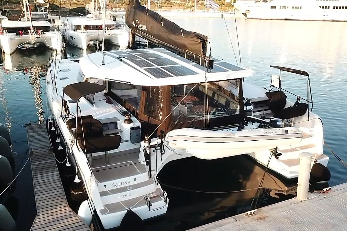 Exterior view of Luna, a Nautitech 48 Open catamaran at Lavreotiki Municipal Unit, Greece