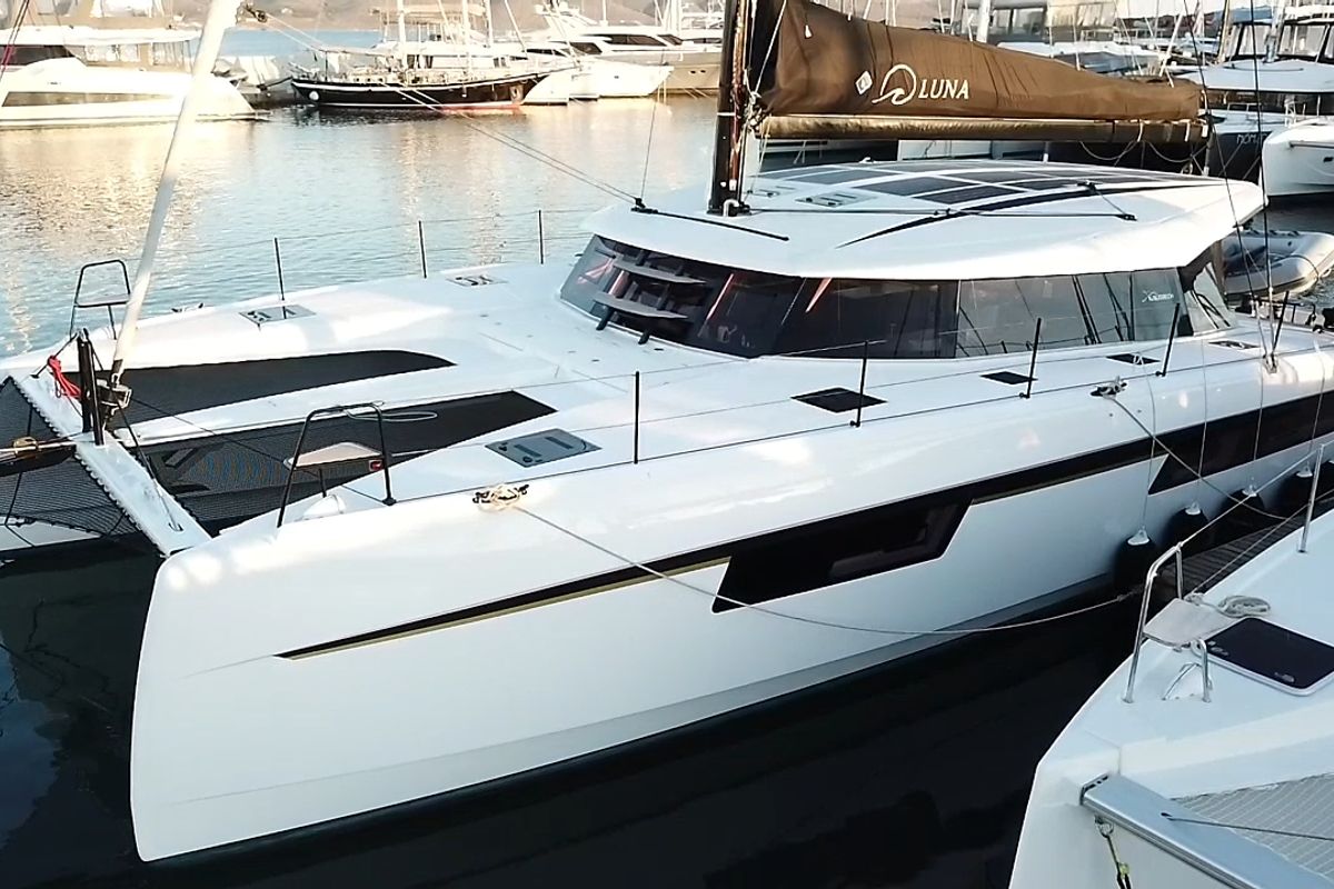 Exterior view of Luna, a Nautitech 48 Open catamaran at Lavreotiki Municipal Unit, Greece