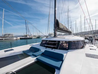 Deck of Luna, a Nautitech 48 Open catamaran at Lavreotiki Municipal Unit, Greece