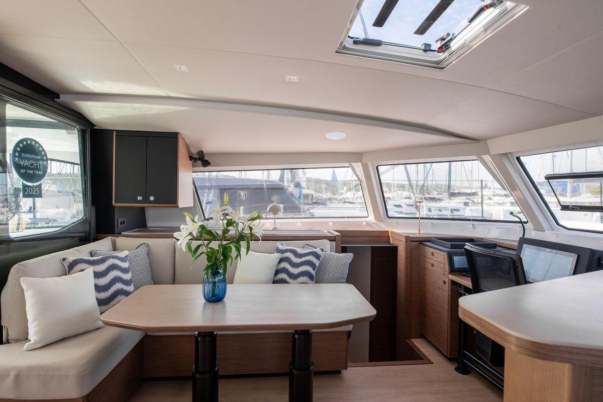 Salon of Luna, a Nautitech 48 Open catamaran at Lavreotiki Municipal Unit, Greece
