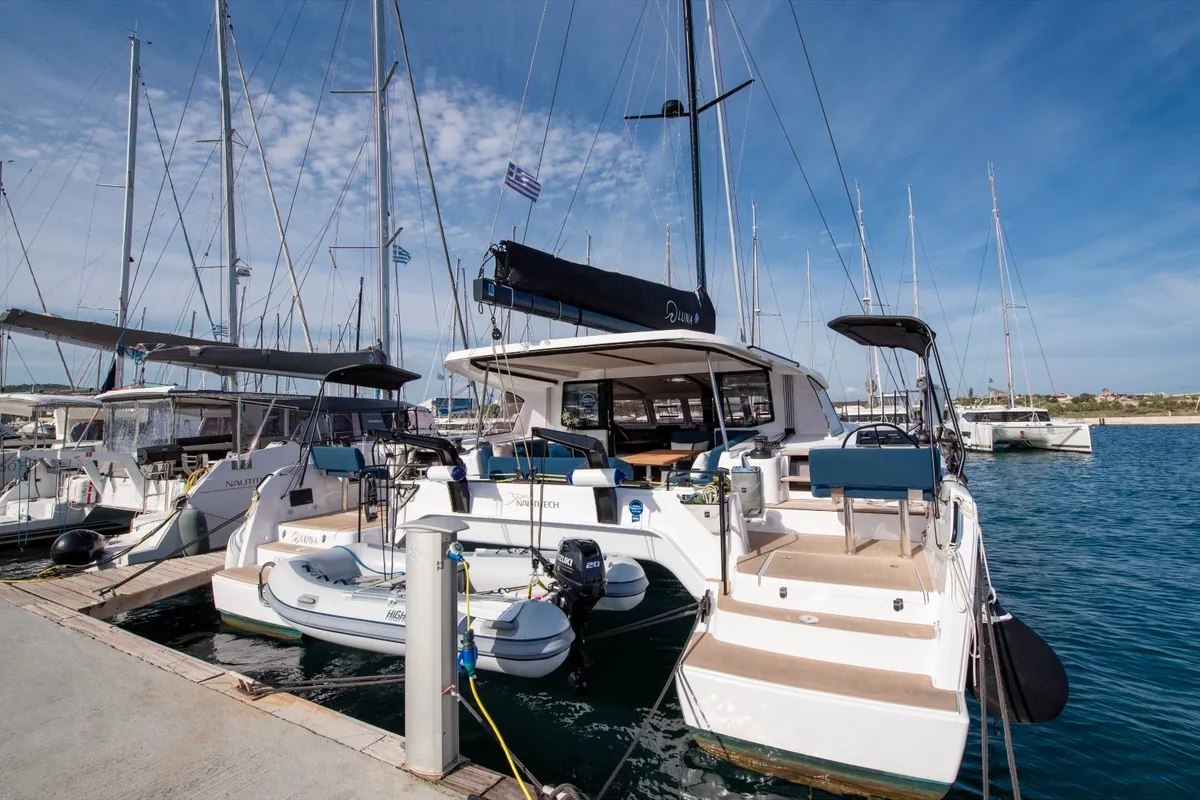 Exterior view of Luna, a Nautitech 48 Open catamaran at Lavreotiki Municipal Unit, Greece