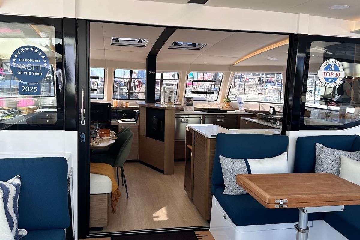 Salon of Luna, a Nautitech 48 Open catamaran at Lavreotiki Municipal Unit, Greece