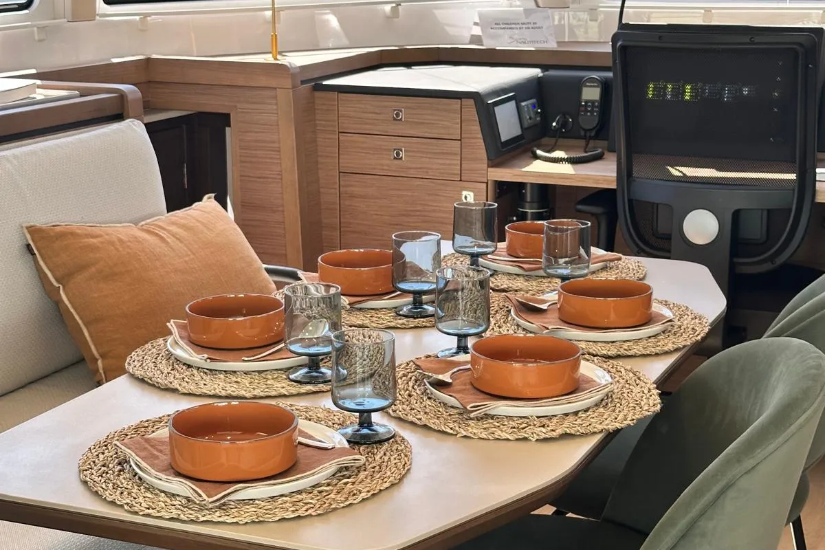 Salon of Luna, a Nautitech 48 Open catamaran at Lavreotiki Municipal Unit, Greece