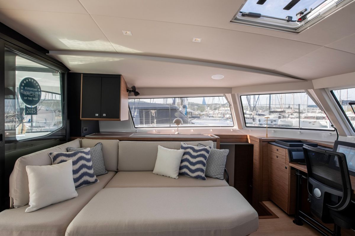 Salon of Luna, a Nautitech 48 Open catamaran at Lavreotiki Municipal Unit, Greece