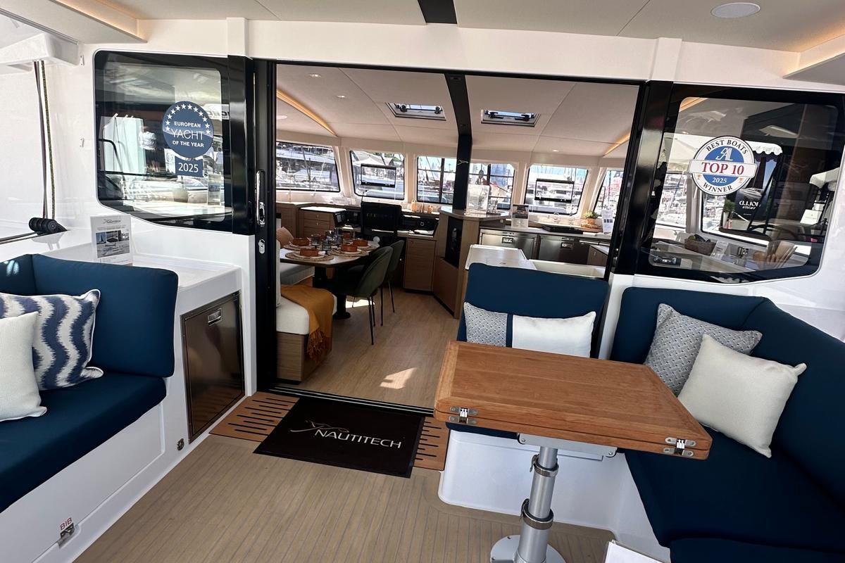 Deck of Luna, a Nautitech 48 Open catamaran at Lavreotiki Municipal Unit, Greece