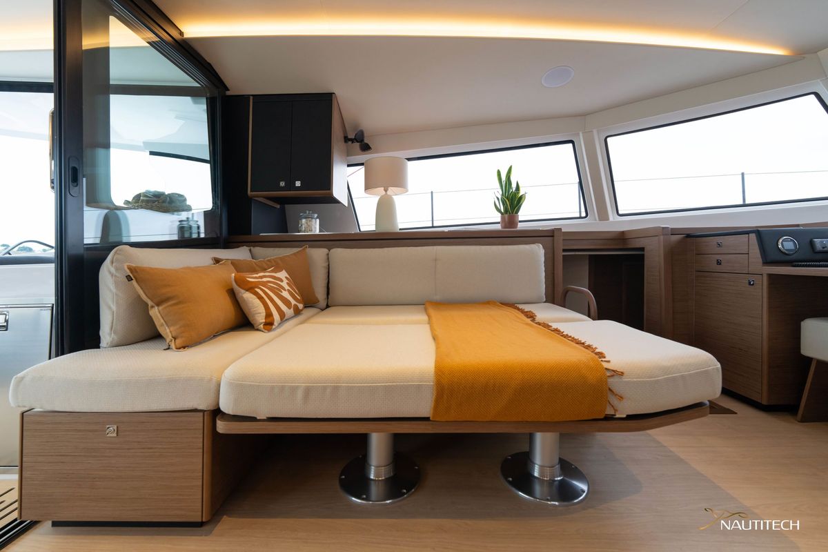Salon of Luna, a Nautitech 48 Open catamaran at Lavreotiki Municipal Unit, Greece