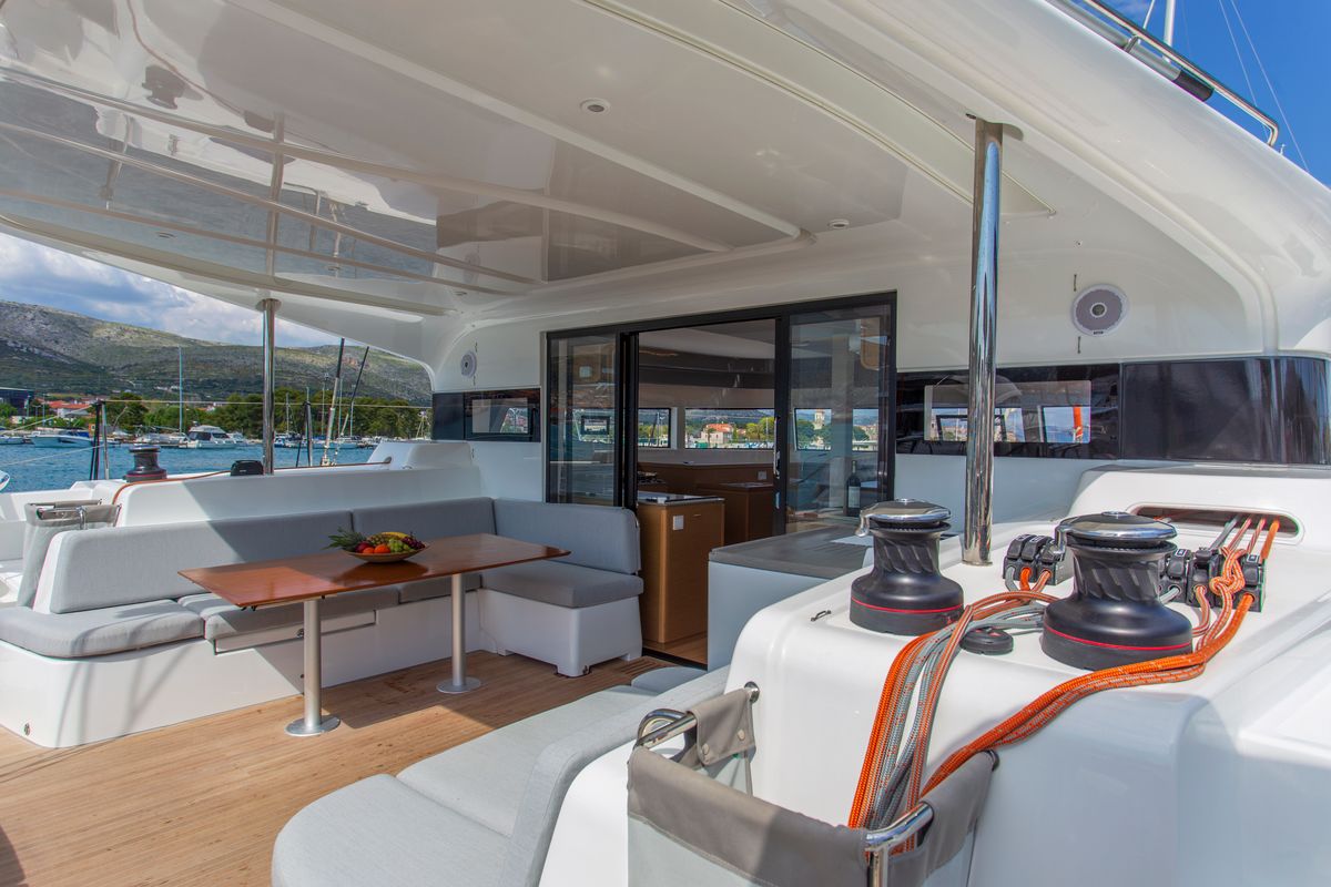 Deck of White Lotus, a Excess 15 catamaran at Mytikas, Greece