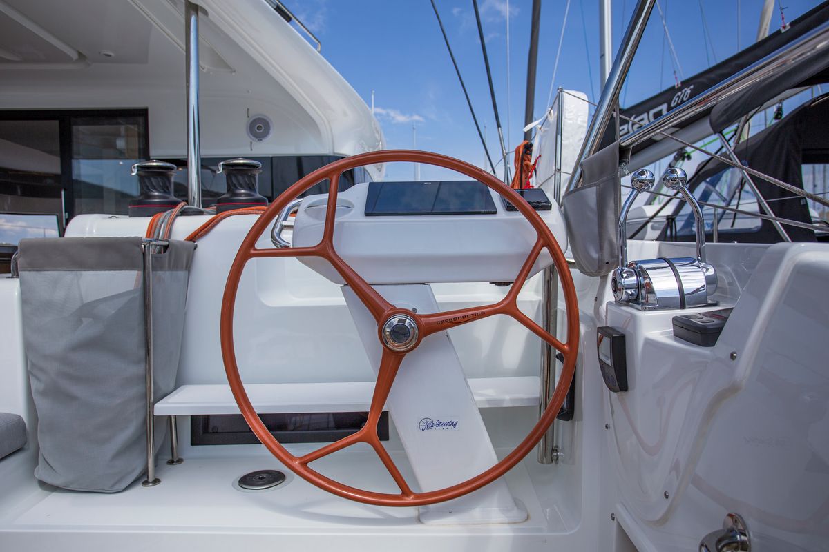Cockpit of White Lotus, a Excess 15 catamaran at Mytikas, Greece