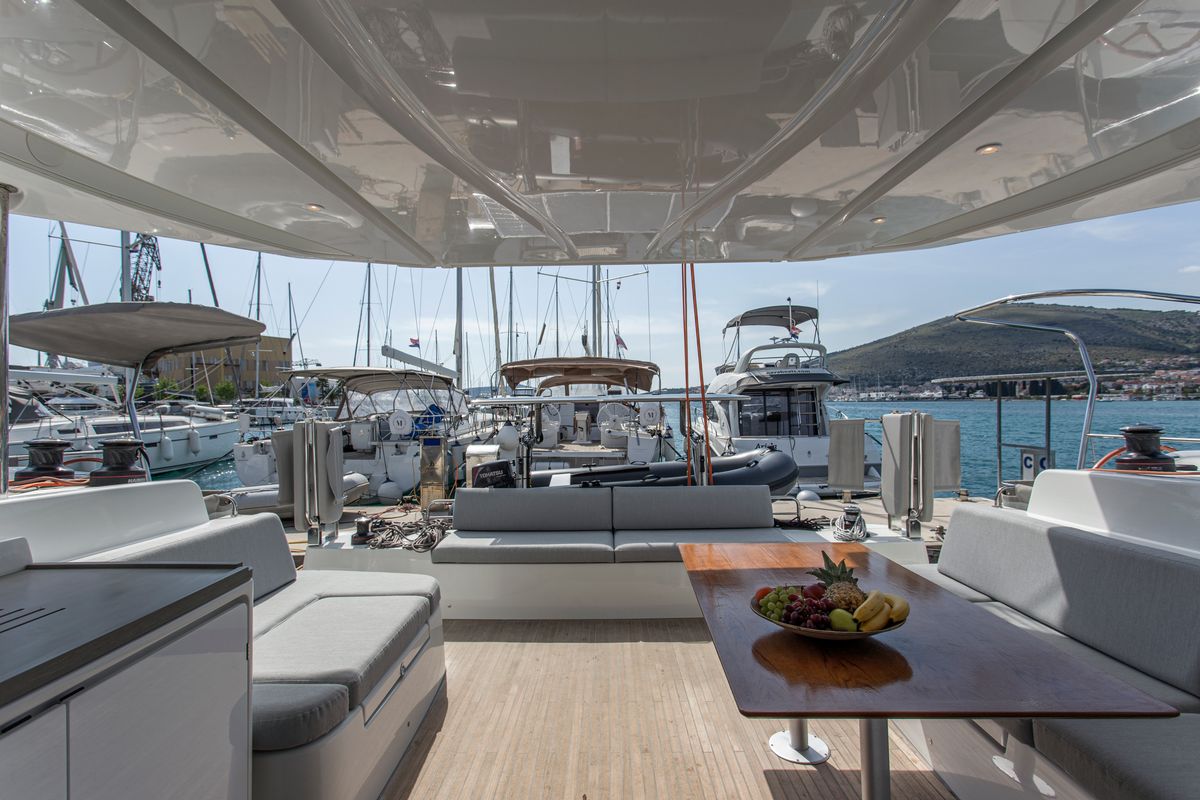 Deck of White Lotus, a Excess 15 catamaran at Mytikas, Greece
