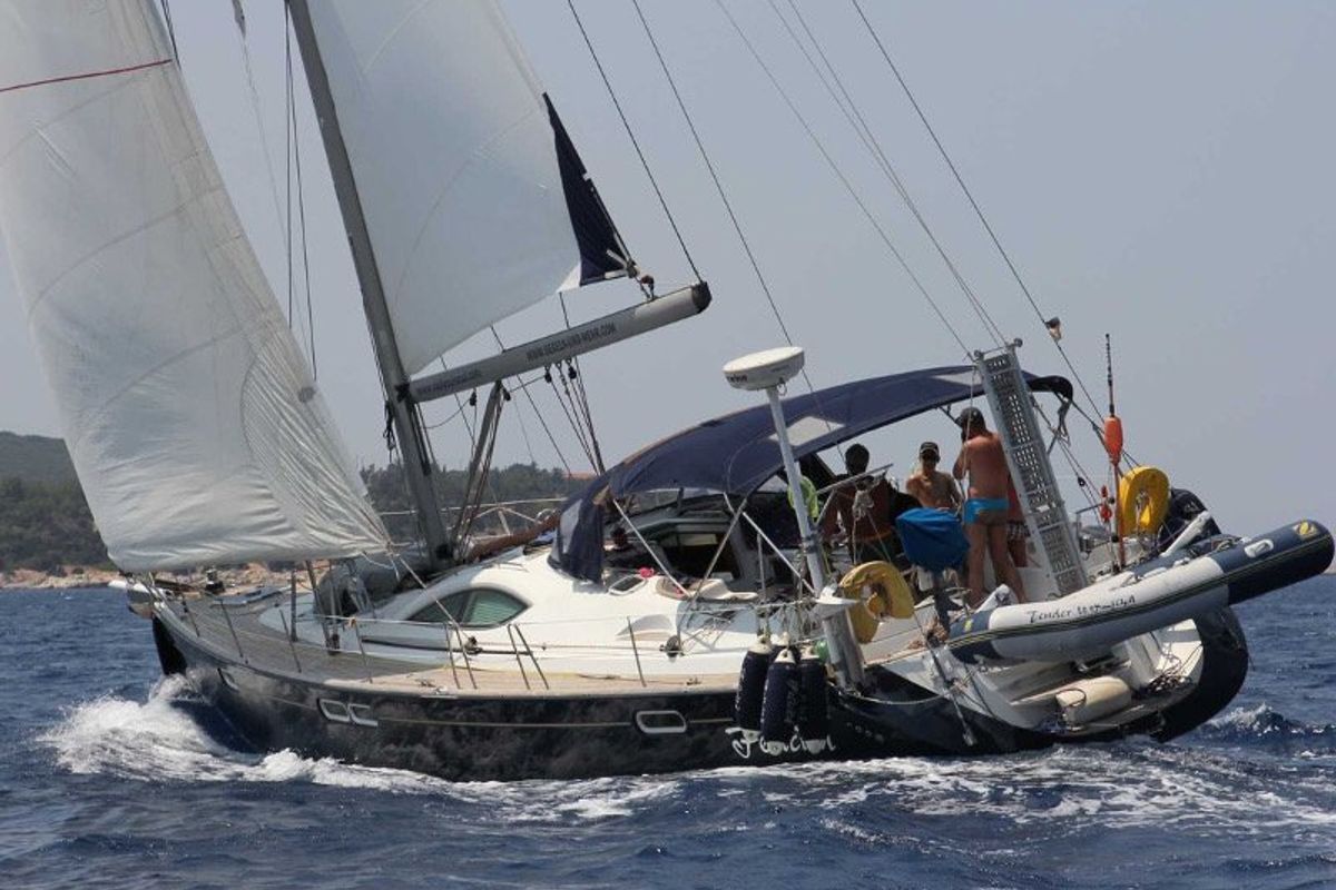Exterior view of Felicita, a Jeanneau Sun Odyssey 54 DS sailboat at Kontokali, Greece
