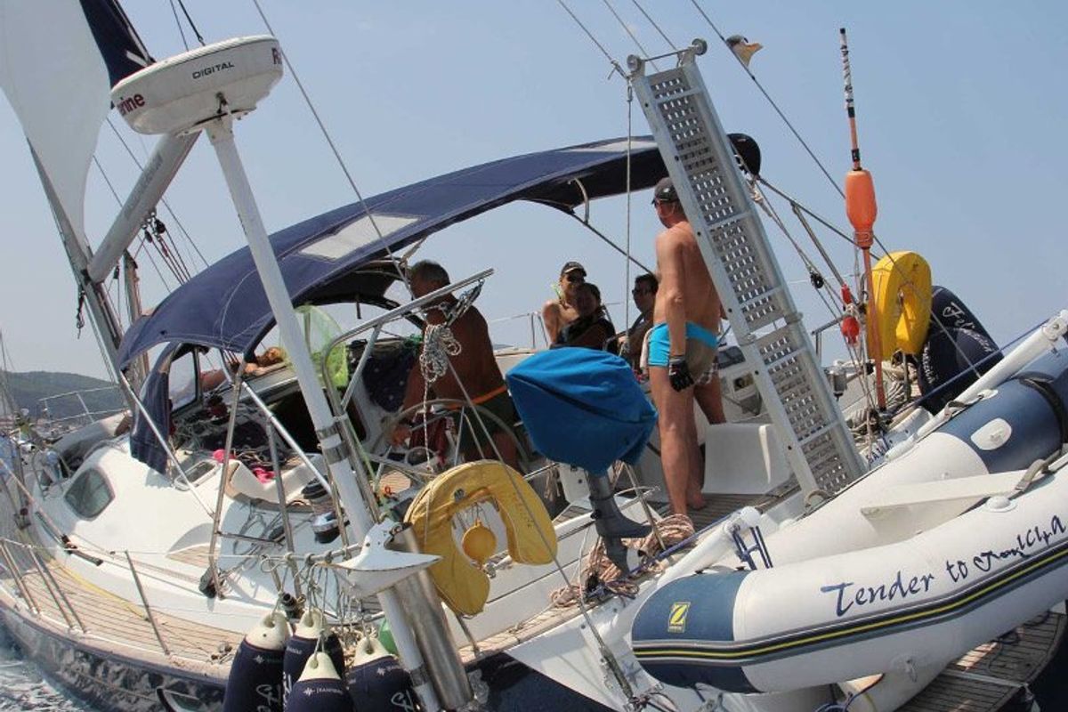 Deck of Felicita, a Jeanneau Sun Odyssey 54 DS sailboat at Kontokali, Greece