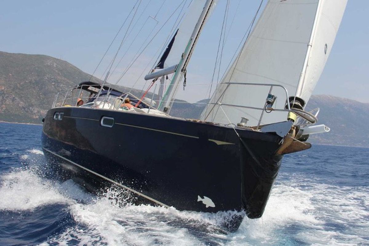 Exterior view of Felicita, a Jeanneau Sun Odyssey 54 DS sailboat at Kontokali, Greece