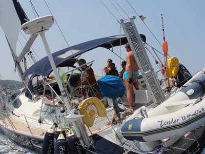 Deck of Felicita, a Jeanneau Sun Odyssey 54 DS sailboat at Kontokali, Greece