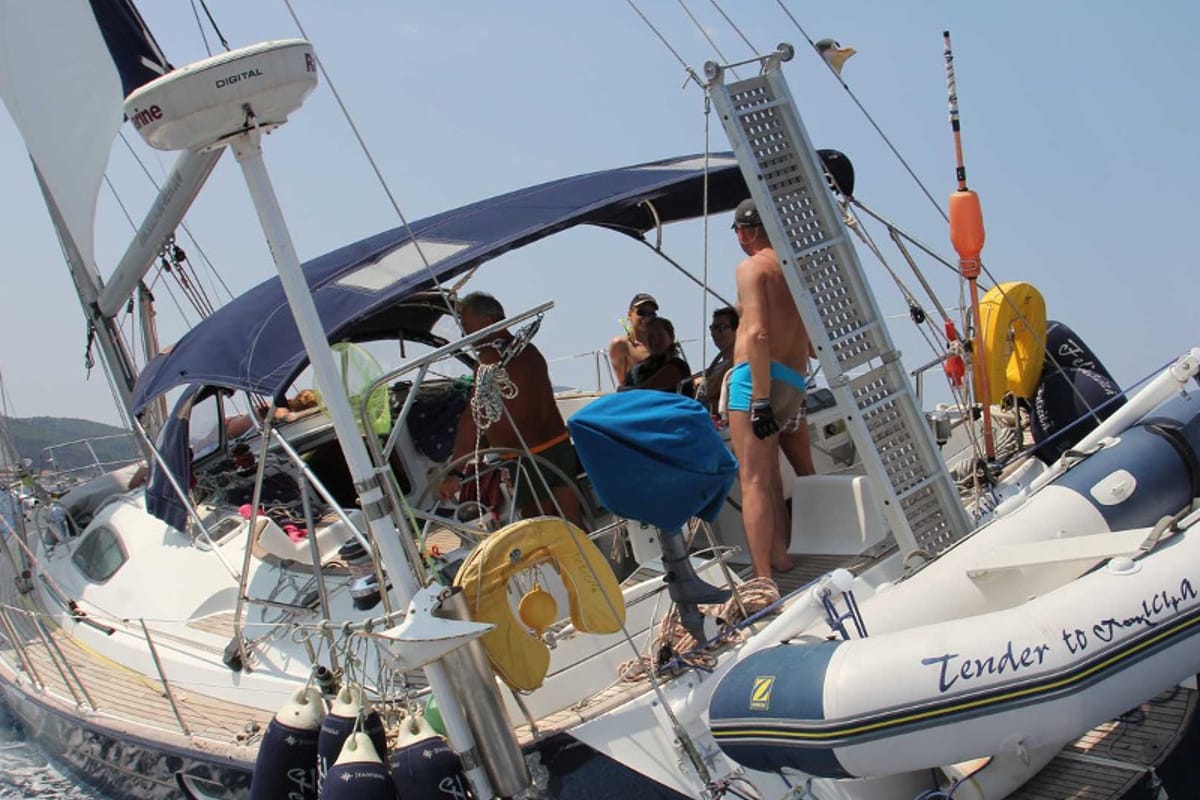 Deck of Felicita, a Jeanneau Sun Odyssey 54 DS sailboat at Kontokali, Greece