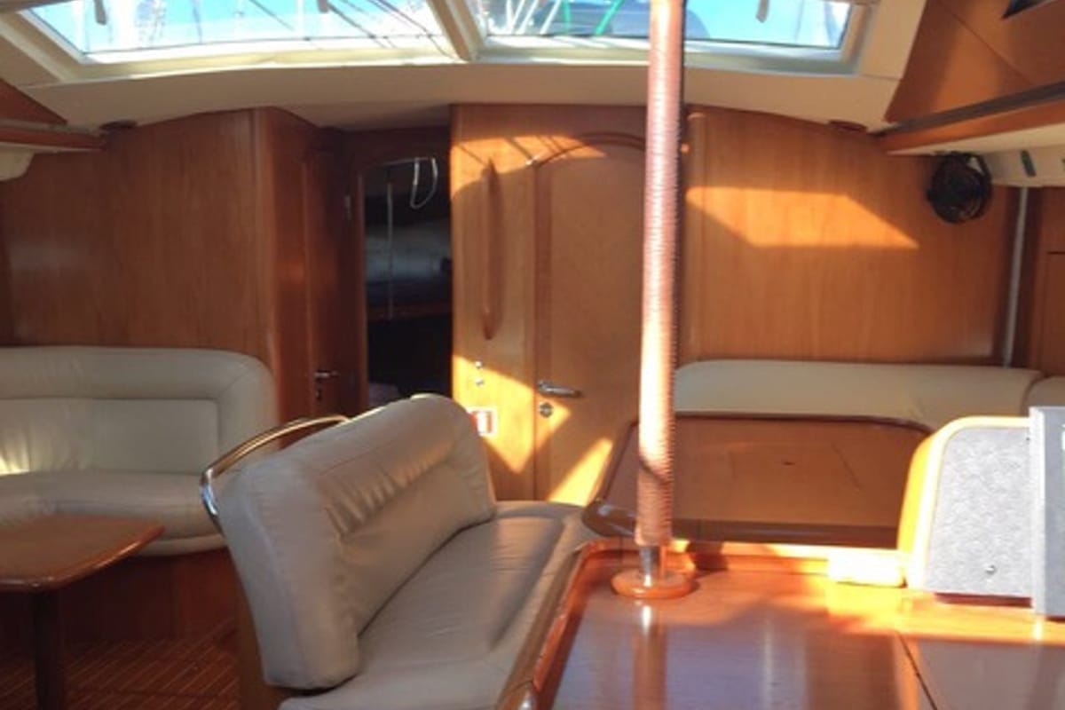 Salon of Felicita, a Jeanneau Sun Odyssey 54 DS sailboat at Kontokali, Greece