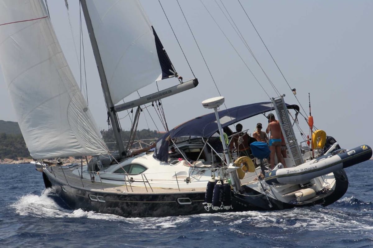 Exterior view of Felicita, a Jeanneau Sun Odyssey 54 DS sailboat at Kontokali, Greece