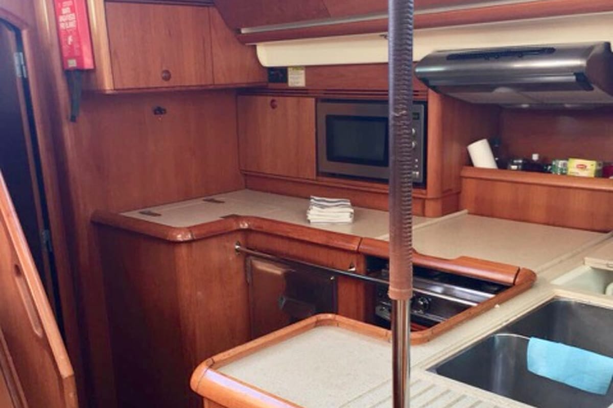Galley of Felicita, a Jeanneau Sun Odyssey 54 DS sailboat at Kontokali, Greece