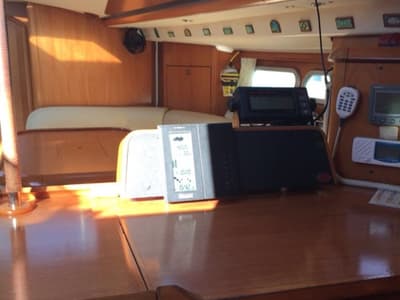 Cockpit of Felicita, a Jeanneau Sun Odyssey 54 DS sailboat at Kontokali, Greece