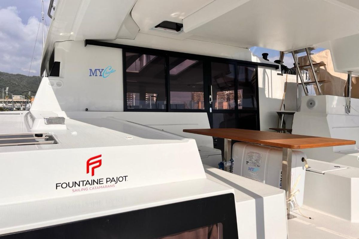 Deck of Nami, a Fountaine Pajot Elba 45 catamaran at Salerno, Italy