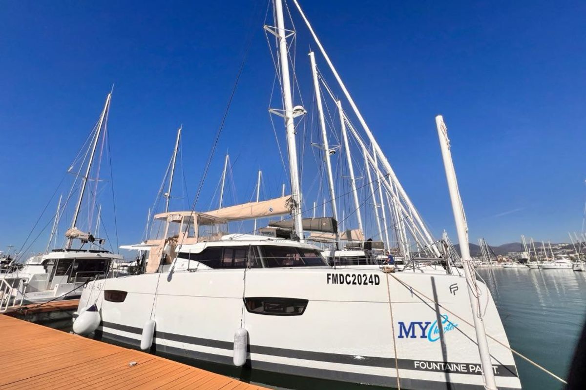 Exterior view of Nami, a Fountaine Pajot Elba 45 catamaran at Salerno, Italy