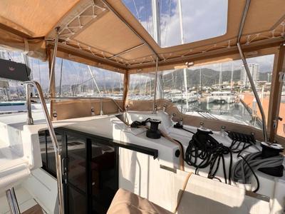 Cockpit of Nami, a Fountaine Pajot Elba 45 catamaran at Salerno, Italy