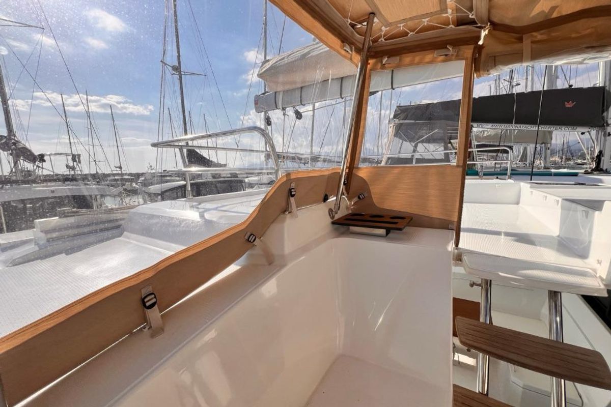 Cockpit of Nami, a Fountaine Pajot Elba 45 catamaran at Salerno, Italy