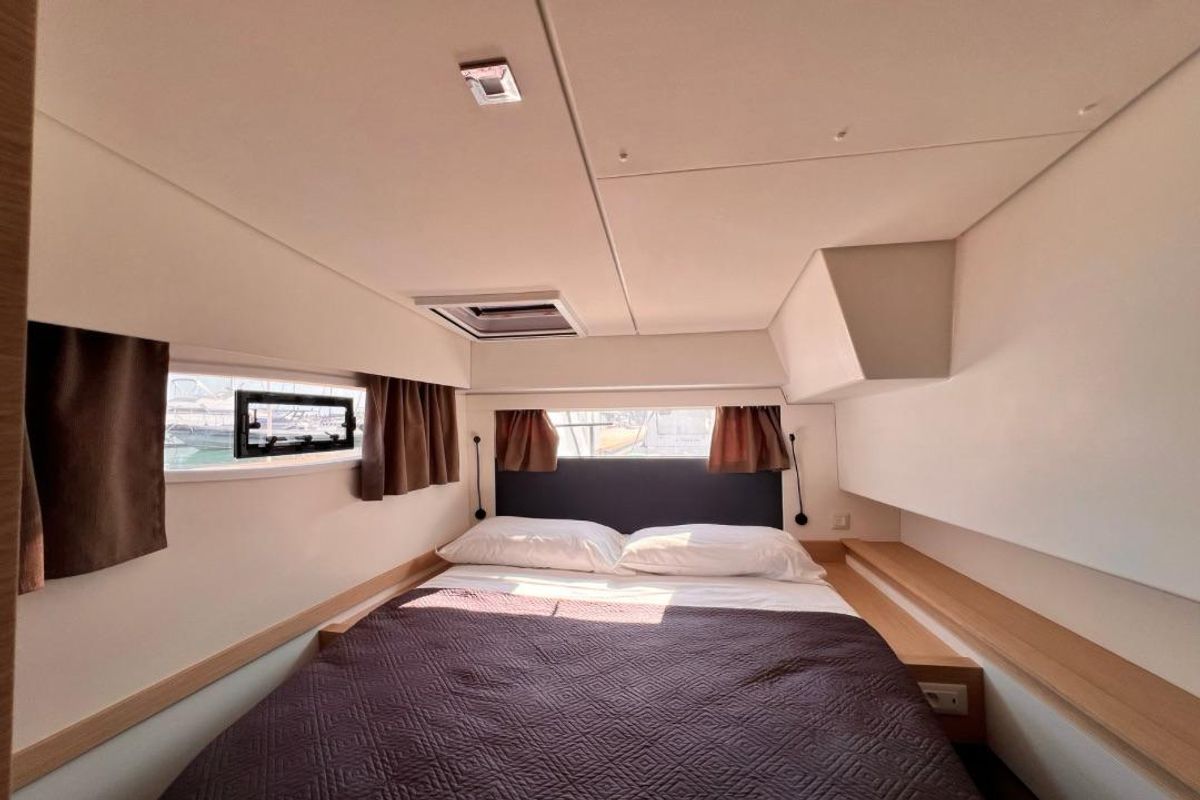Cabin on Nami, a Fountaine Pajot Elba 45 catamaran at Salerno, Italy