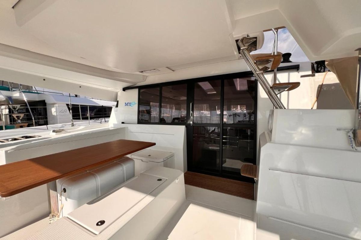 Deck of Nami, a Fountaine Pajot Elba 45 catamaran at Salerno, Italy