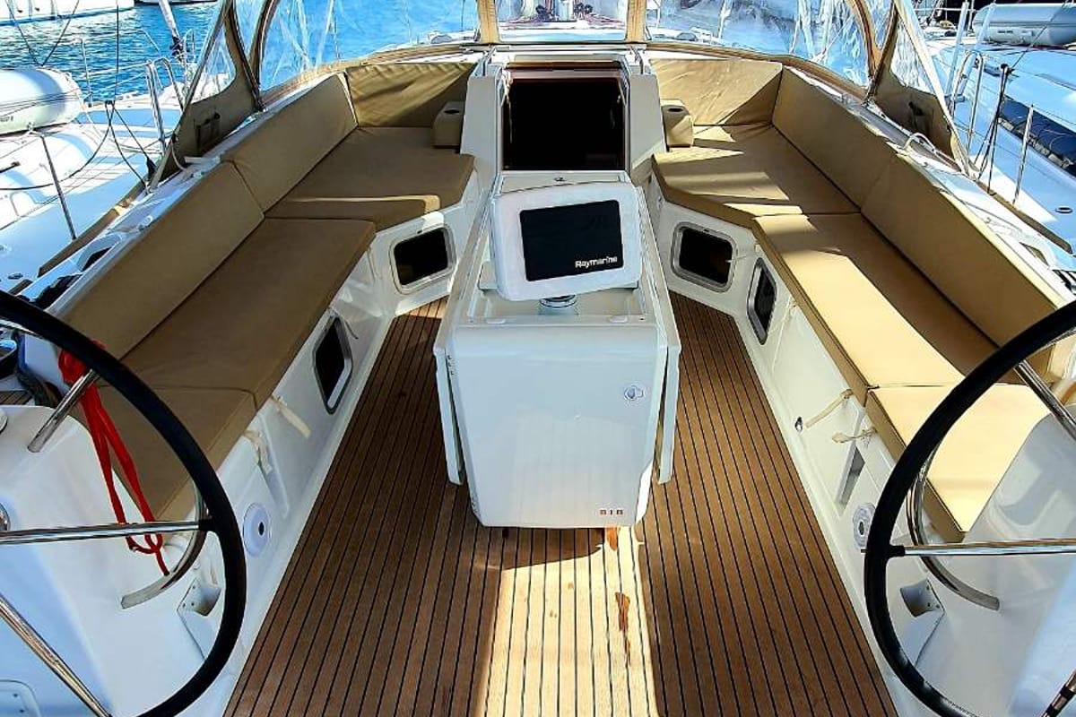 Cockpit of Magic Angel, a Jeanneau 54 sailboat at Municipal Unit of Rhodes, Greece