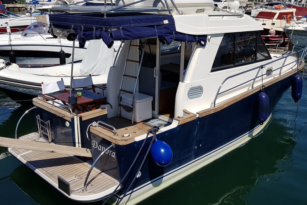 Exterior view of Danora, a SAS - Vektor Adria Event 850 motorboat at Grad Biograd na Moru, Croatia