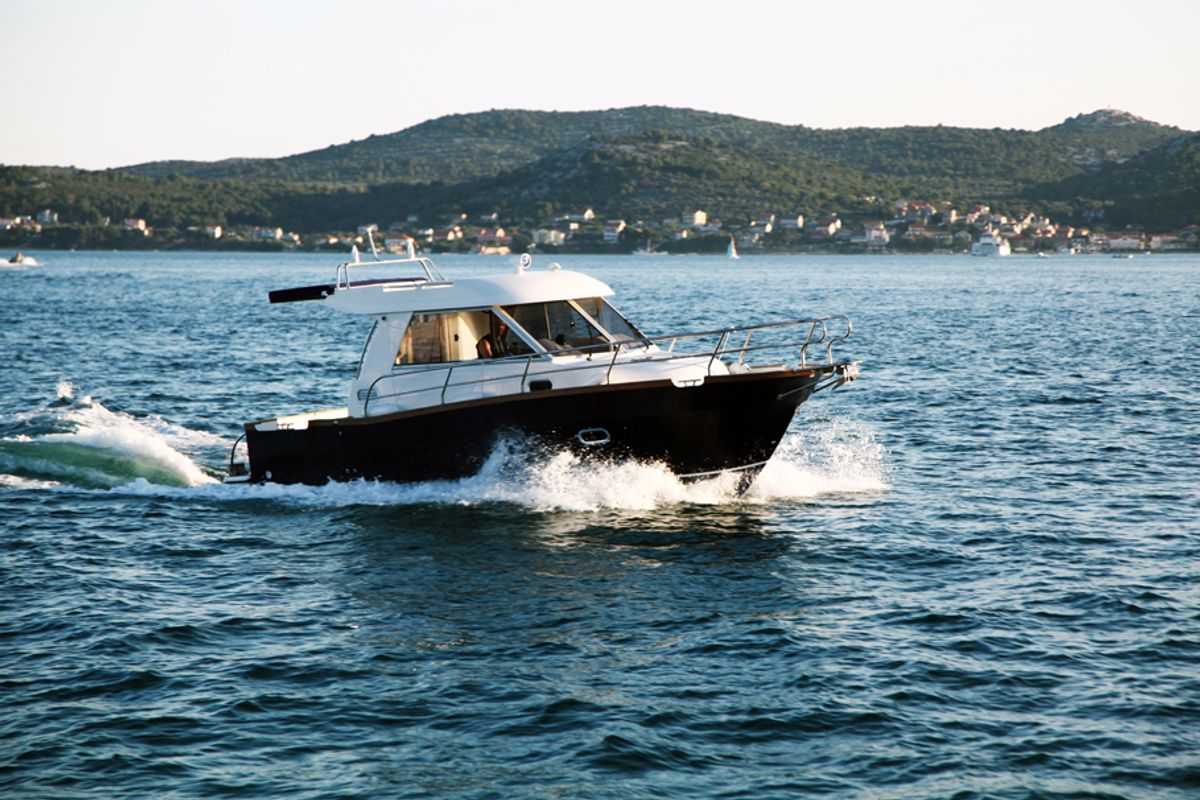 Exterior view of Danora, a SAS - Vektor Adria Event 850 motorboat at Grad Biograd na Moru, Croatia