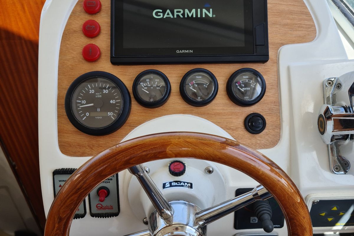 Cockpit of Danora, a SAS - Vektor Adria Event 850 motorboat at Grad Biograd na Moru, Croatia