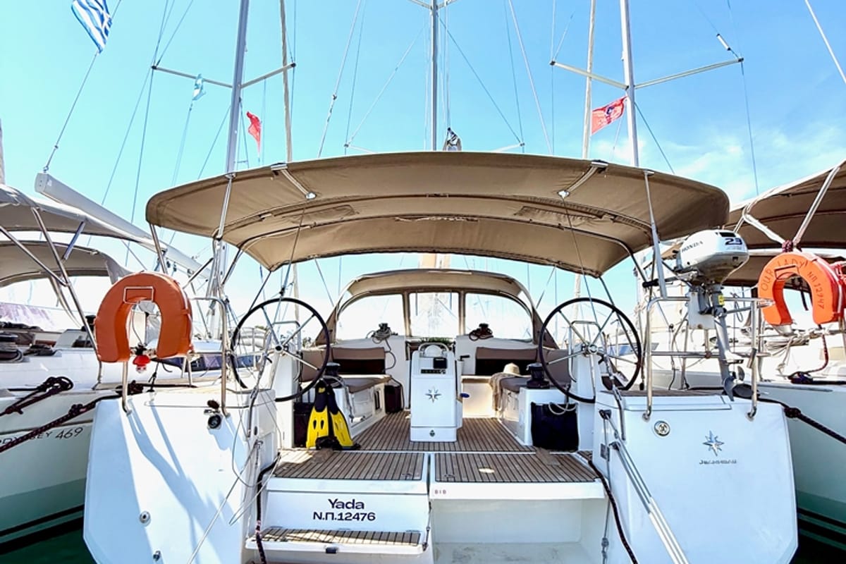 Cockpit of Yada, a Jeanneau Sun Odyssey 490 sailboat at Marpissa, Greece