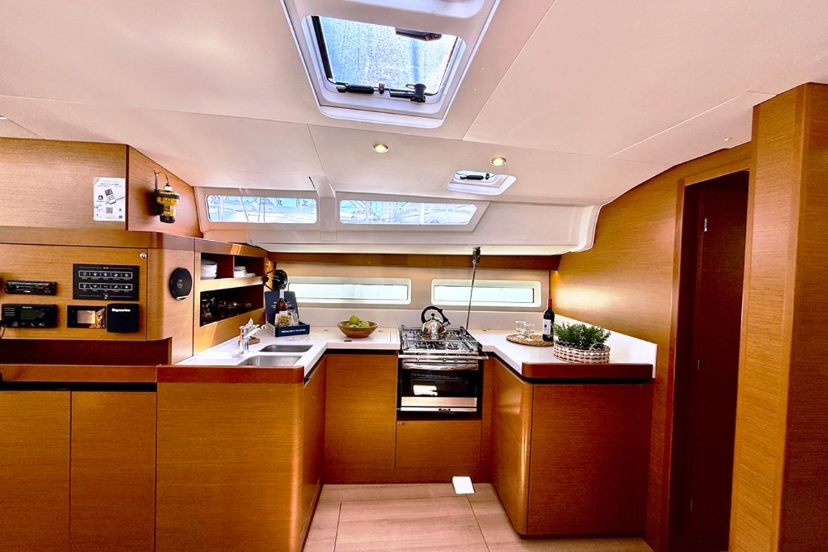 Galley of Yada, a Jeanneau Sun Odyssey 490 sailboat at Marpissa, Greece